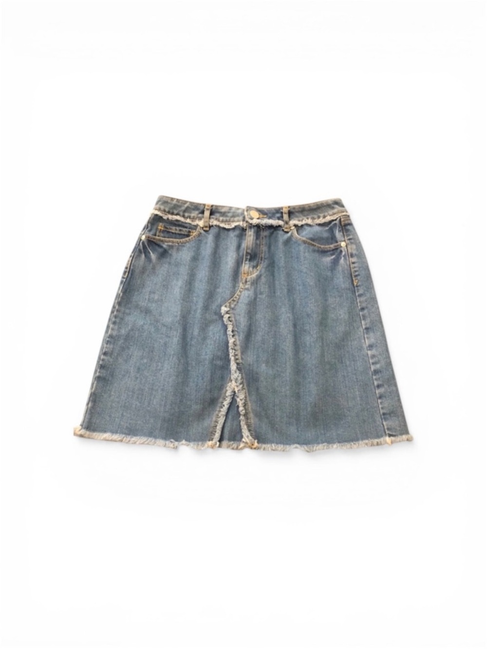 LOFT Denim Blue Distressed Hem Mini 90's Style Skirt Size 2 Western style EUC